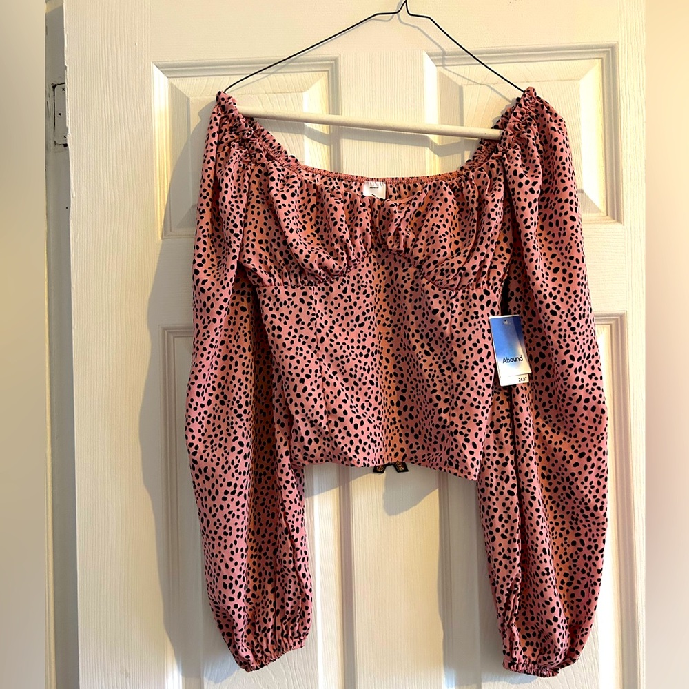 NEVER WORN- Abound pink with black dots shirt-puffy long sleeves, zipper in back